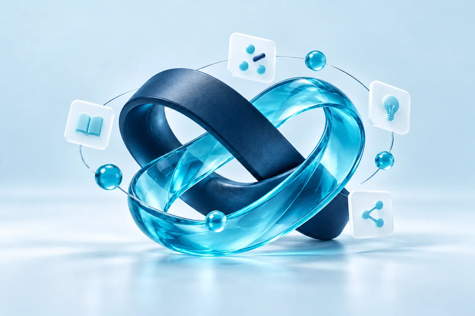 AI-generated 3D illustration of intertwined rings and content icons representing SEO and social media.