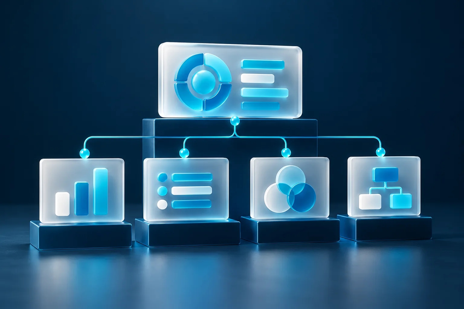 AI-generated 3D illustration of linked dashboard blocks representing a marketing department and campaign workflow.