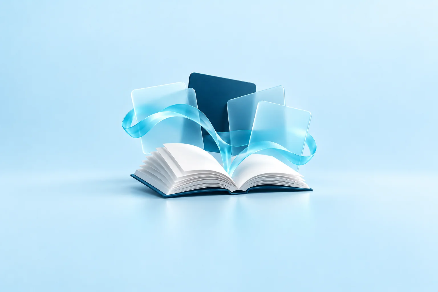 AI-generated 3D illustration of an open book and digital screens representing an online marketing course.
