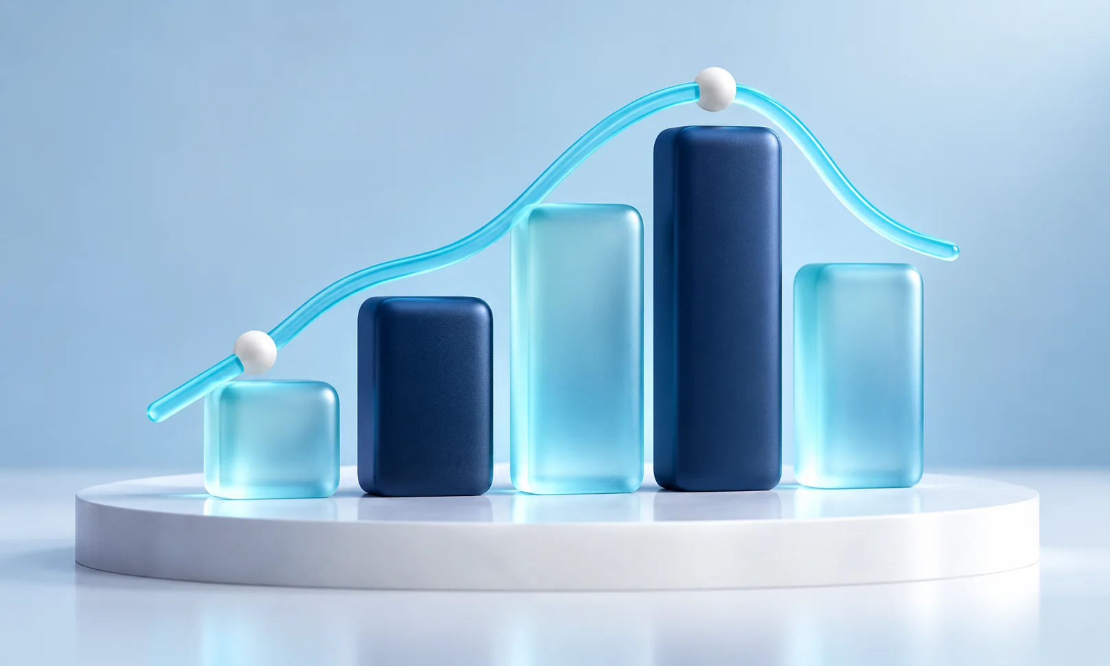AI-generated 3D illustration of a bar chart and rising line representing hospitality marketing growth.