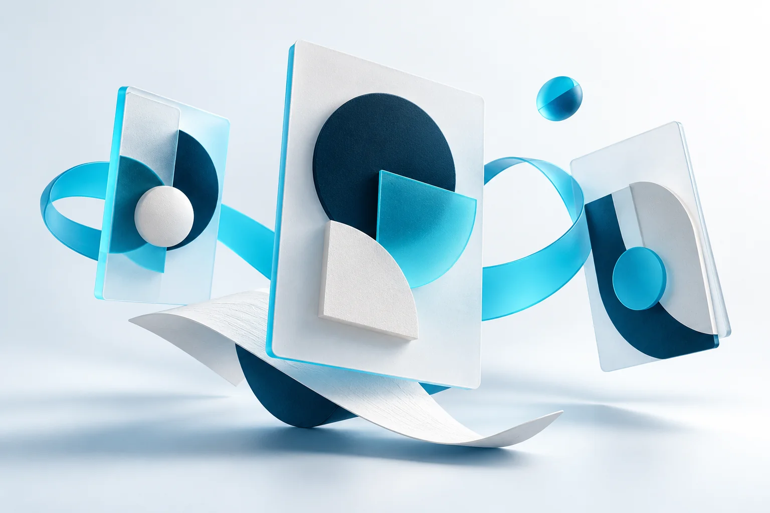 AI-generated 3D illustration of floating editorial layouts representing campaign creative and landing pages.