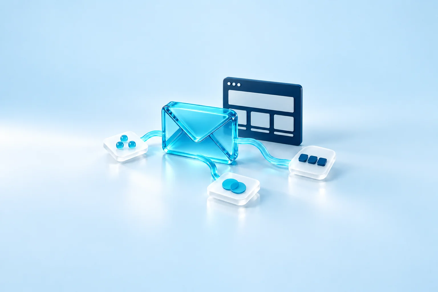 AI-generated 3D illustration of email and website icons representing B2B customer acquisition.