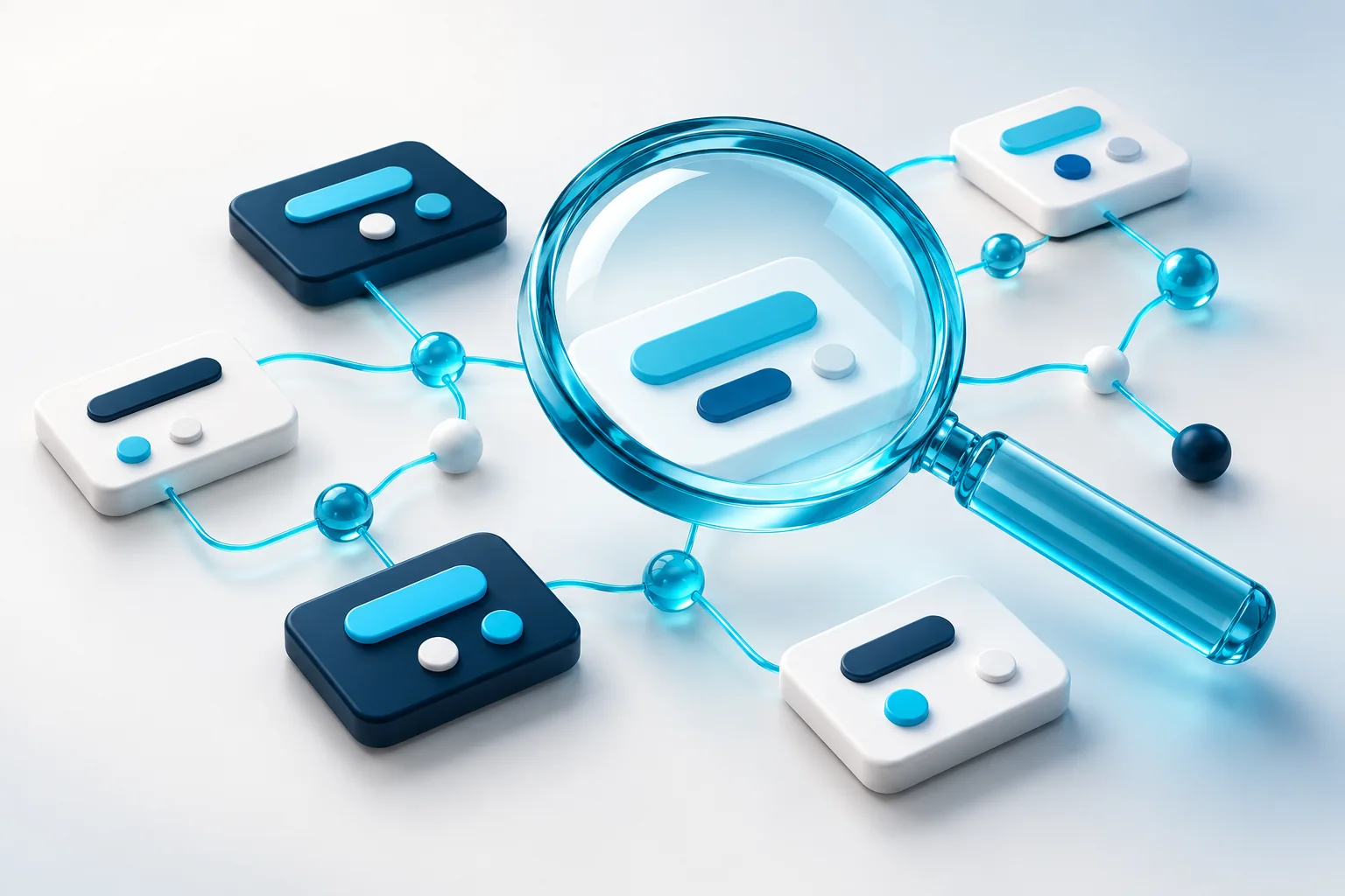 AI-generated 3D illustration of a magnifying glass over connected search cards representing search campaign management.