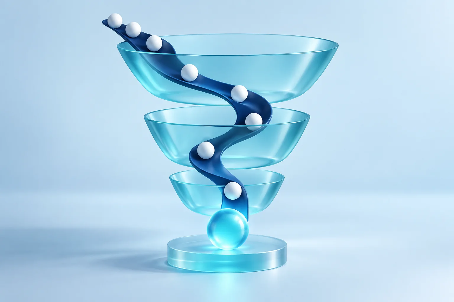 AI-generated 3D illustration of a funnel path with moving spheres representing a digital customer journey.